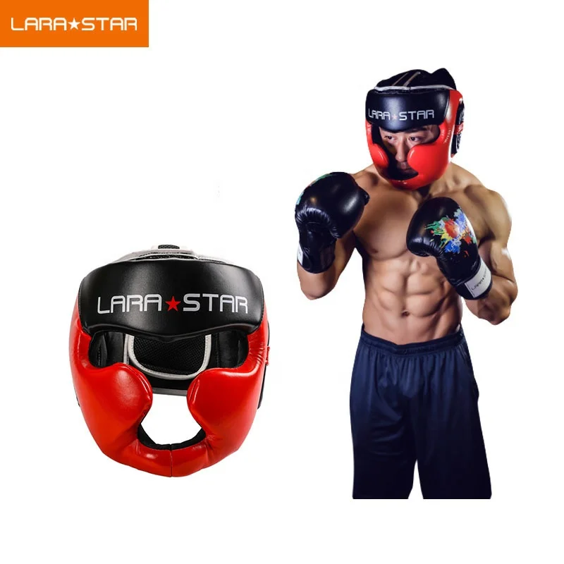 

Professional Head gear Muai thai MMA Training PU leather Boxing safety Head guard Kick Boxing Protector Face Helmet, Red
