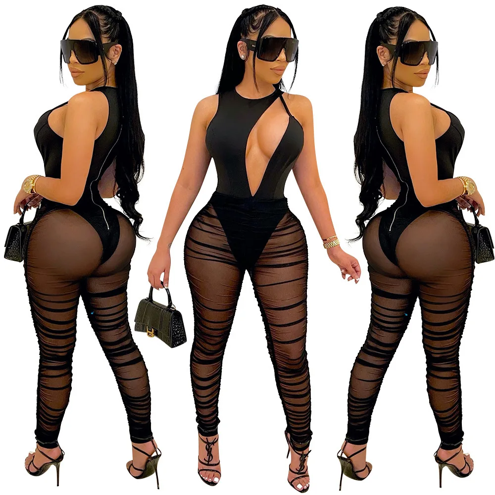 

Patchwork Low Cut Ruched Jumpsuit For Ladies Spaghetti Strap Black Sexy Jumpsuits Club Wear Black Sexy Sheer Pants Women, Pls see the color column