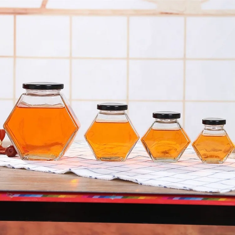 high quality Customized capacity glass honey jar Hexagon Honey Jar Glass with metal lid
