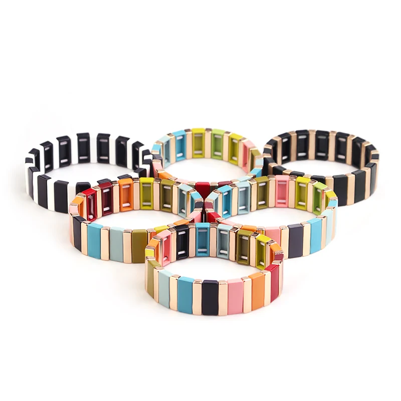 

Miss You jewelry Hot Sale Enamel Tile Bead Stretchy Gold Geometric Rainbow Bracelet, As shown in the picture