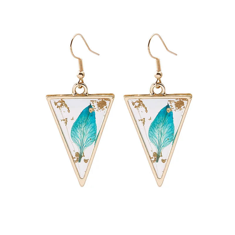 

2021 New Korean Design 925 Silver Post Multi-Colored Pressed Flowers Leaf Animal Shaped Triangle Drop Earrings, Gold