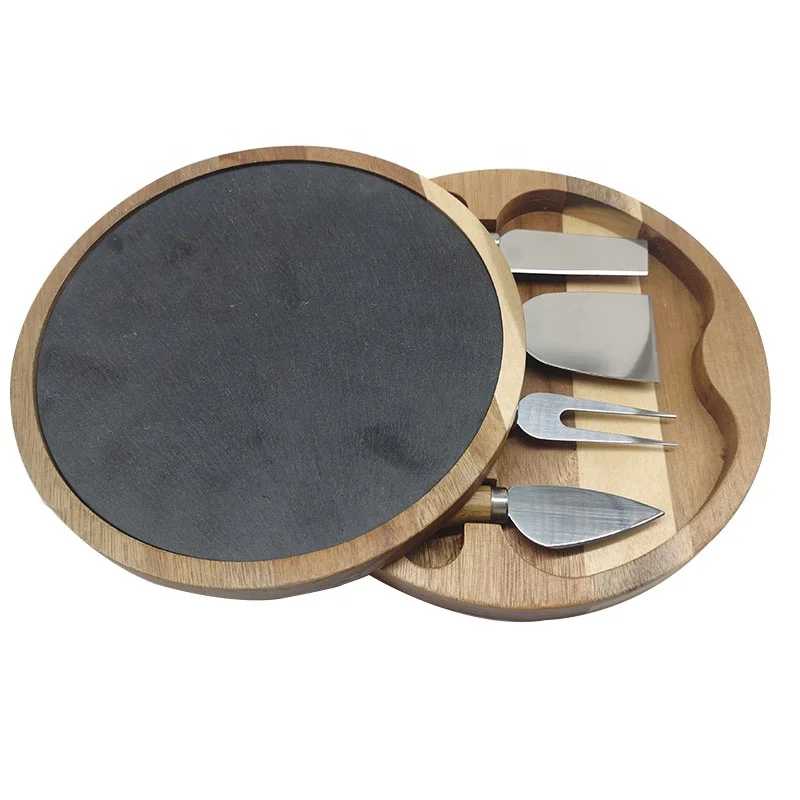 
Wholesale Acacia Wooden Natural Slate Blank Cheese Board And Knife Set 