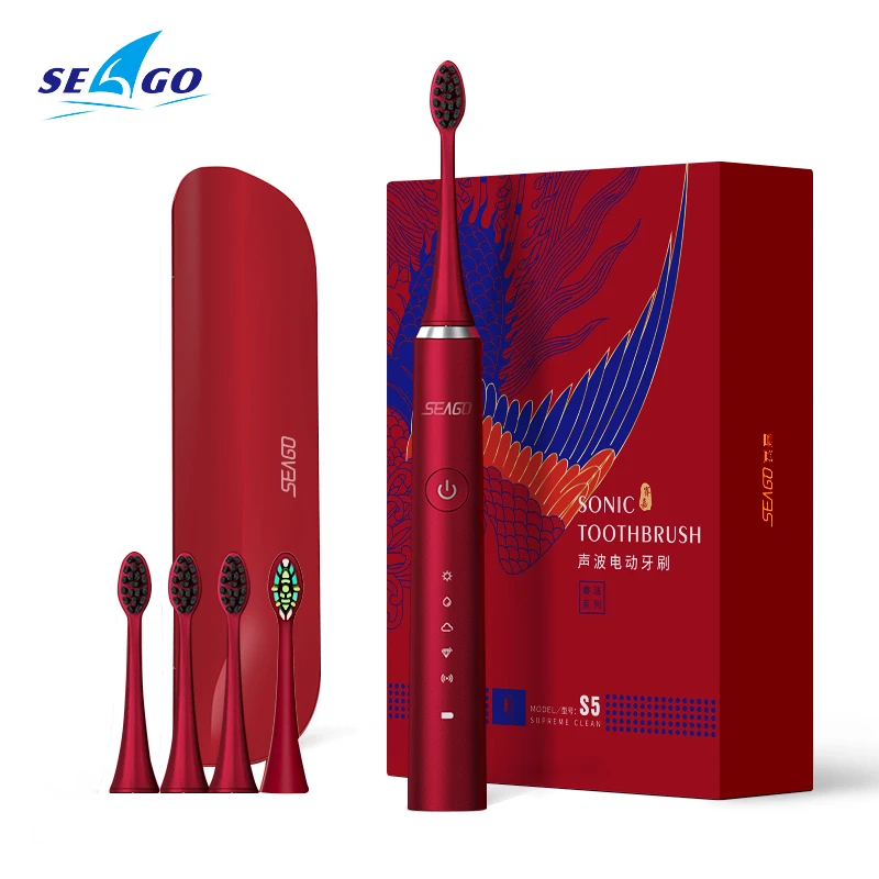 

SEAGO SG-972 luxury rechargeable sonic electooth brush toothbrush set for adult, Red