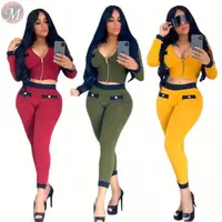 

9112720 latest design new solid splicing zipper tight bodycon Clothing 2 Piece Set Women