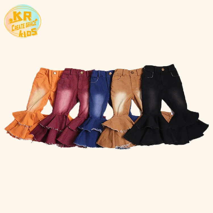 

Wholesales multi-color girls in jeans pants washed 2 layer of ruffled baby bell bottom pants