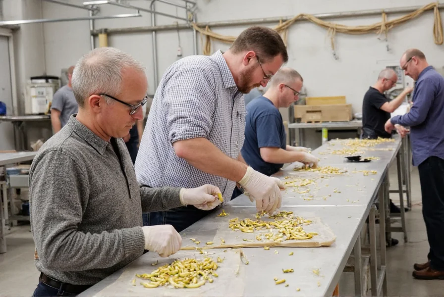 Flatiron Pepper Company production facility showing quality control process with workers examining pepper samples