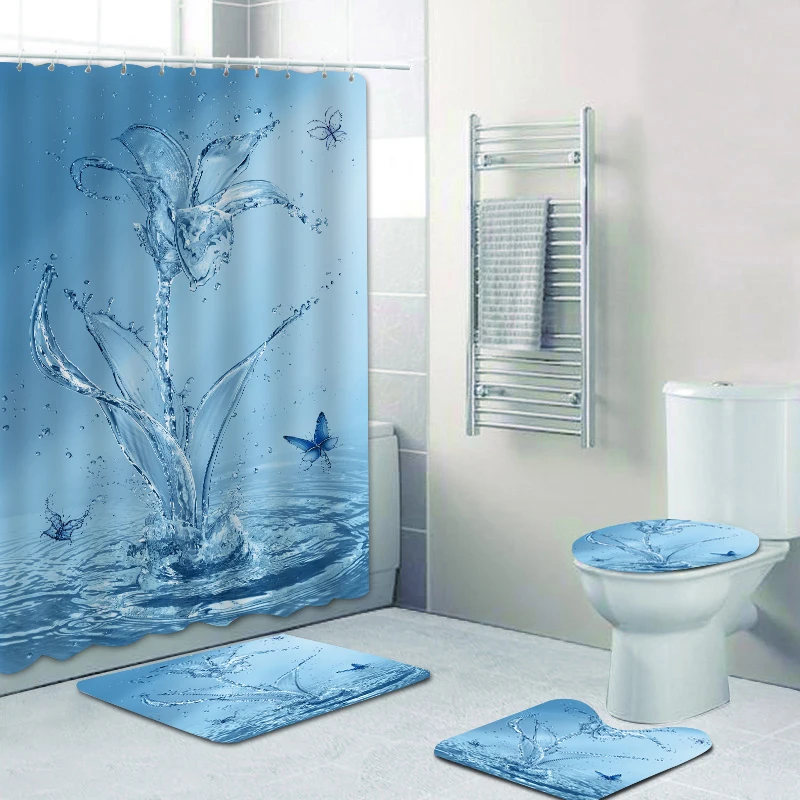 

180x180 customizable simple splash butterfly partition bathtub shower curtain bathroom non-slip floor mat four-piece toilet set, Picture