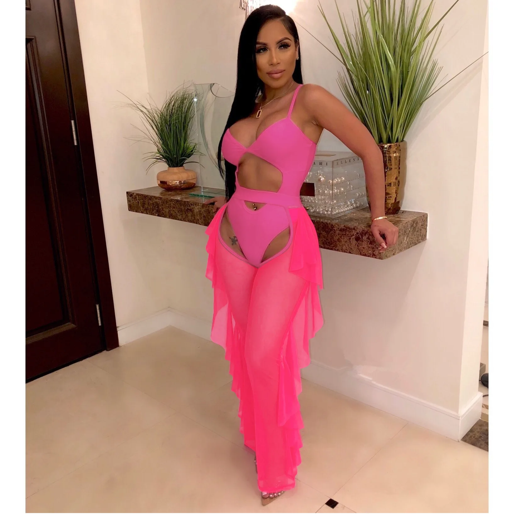 

2021 new Sexy Mesh Ruffles pants set beach wear swimsuit one piece Jumpsuit