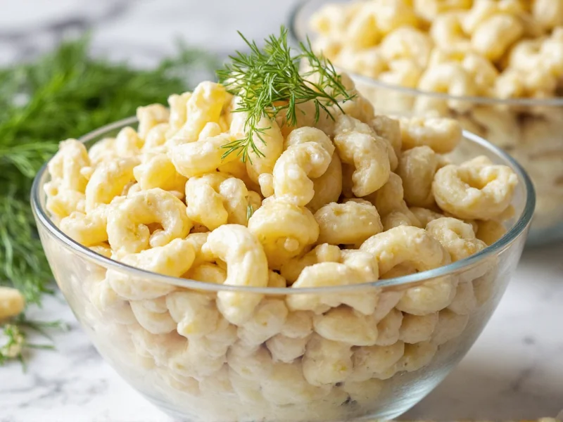 Creamy homemade macaroni salad in glass bowl with fresh dill