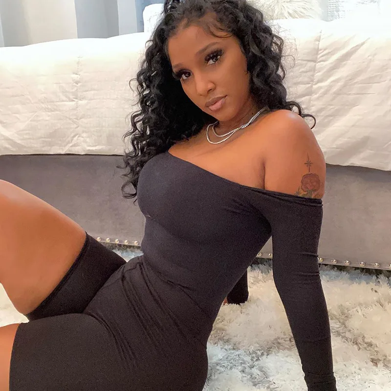 

New Style Casual Sexy Biker Short Leggings Plain Long Sleeve One Piece Off ShoulderJumpsuit