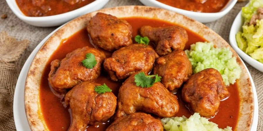 Butter chicken plated with basmati rice and naan