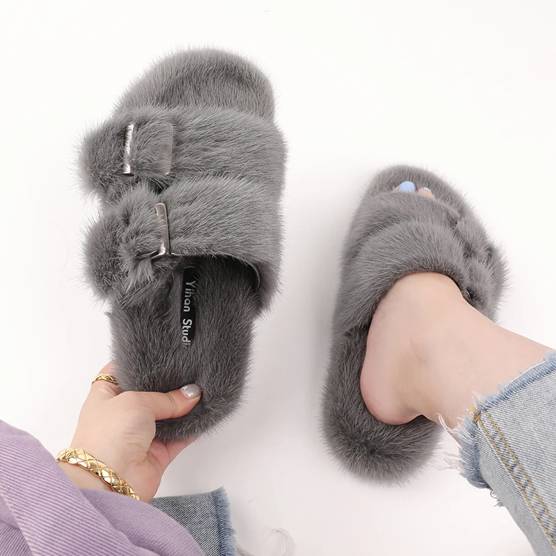 

Black Friday Sale QIUCHEN OEM QC5088 fashion More than color wholesale Women's real mink fur sandales natural mink fur slippers