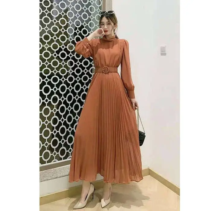 

DD7281 New 2021 Korean Design Long Sleeve Solid Color Belt Slim Waist Dress Long Dresses Clothing Wholesale 8