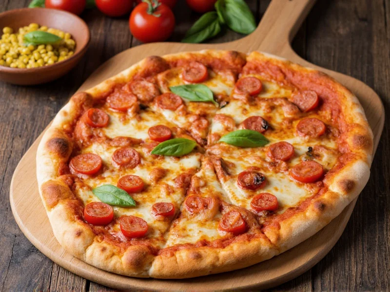 Perfectly baked homemade pizza on wooden peel