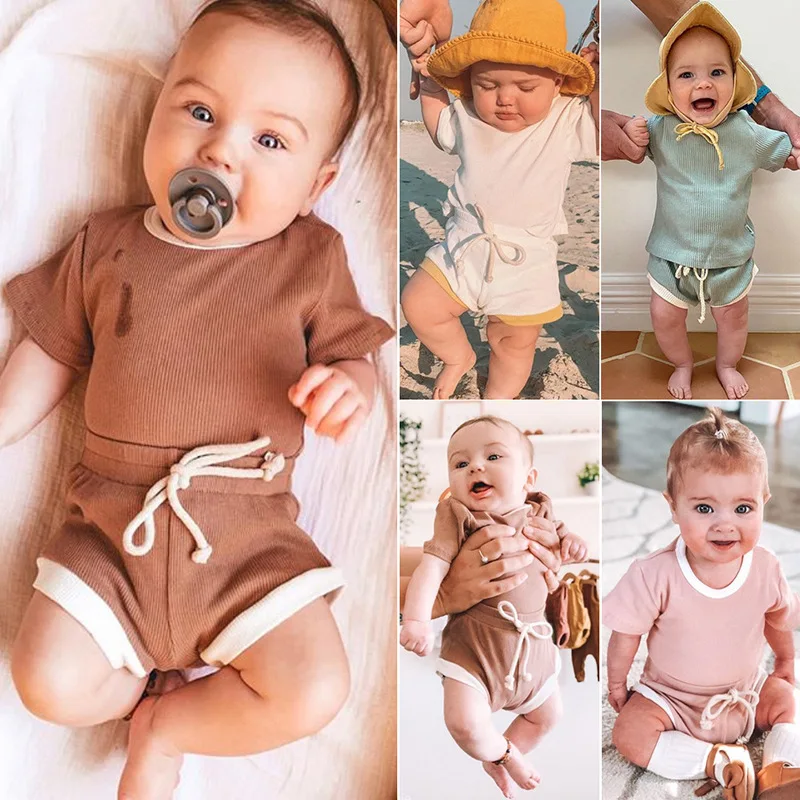 

2020 New Newborn Baby sets Boys Girls Knitted Tops T-shirt Shorts Outfits Clothes Summer Kids Casual Clothes 2Pcs/set B1, As photo