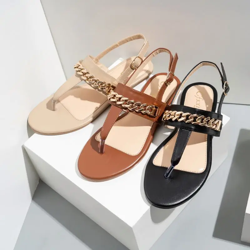 

New 2021 summer chain casual flat bottom all-match solid color sandals women, Beige,black,brown or customized