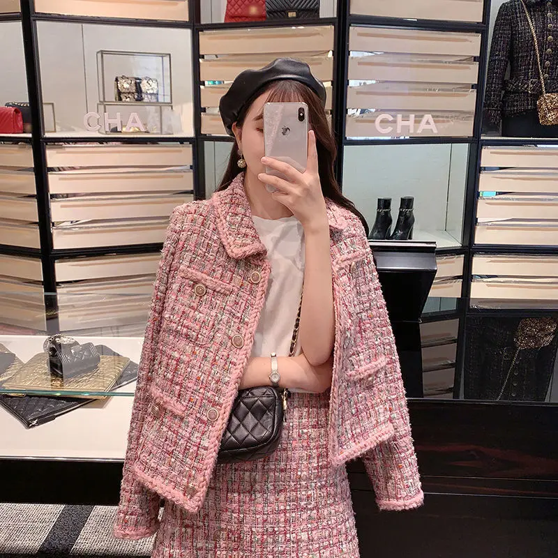 

Autumn and winter korean latest design high end fashion casual women two piece set long sleeve wool dresses with short coat, Pink