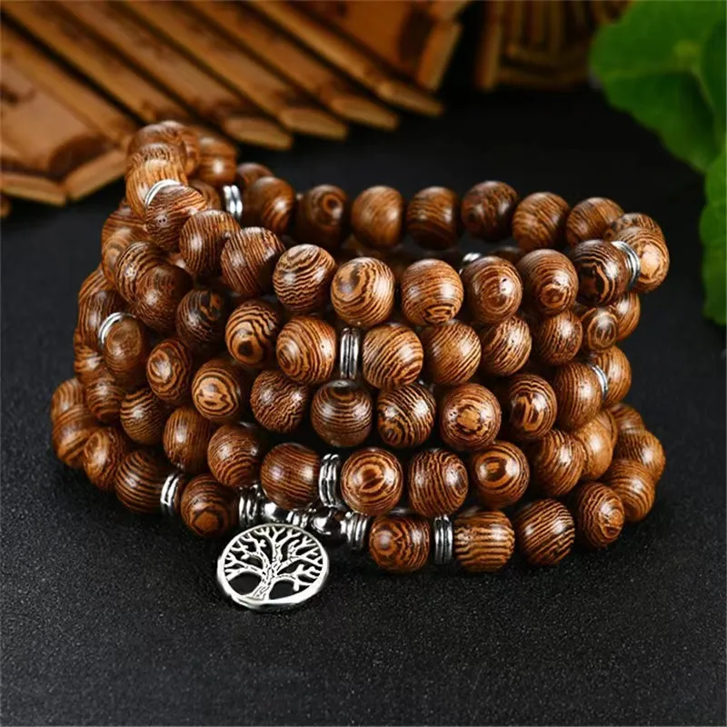 

108 Mala Beaded Prayer Necklace 8mm Wooden Beads Lotus Tree of Life Charm Yoga Meditation Spiritual Beaded Necklaces/Bracelet