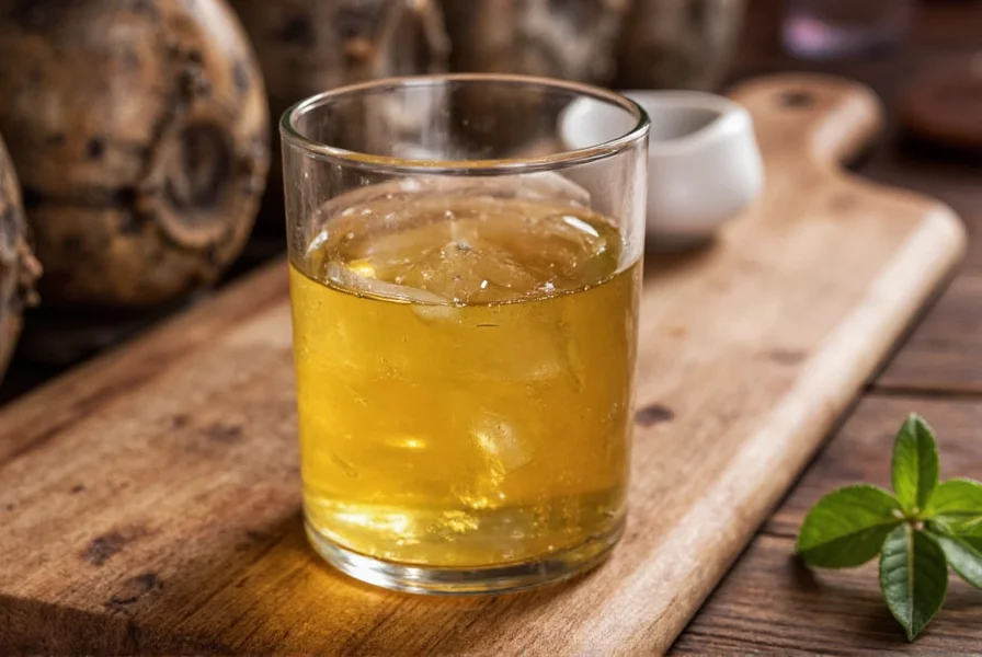 Close-up of ginger liquor in a glass with fresh ginger root and cocktail garnishes