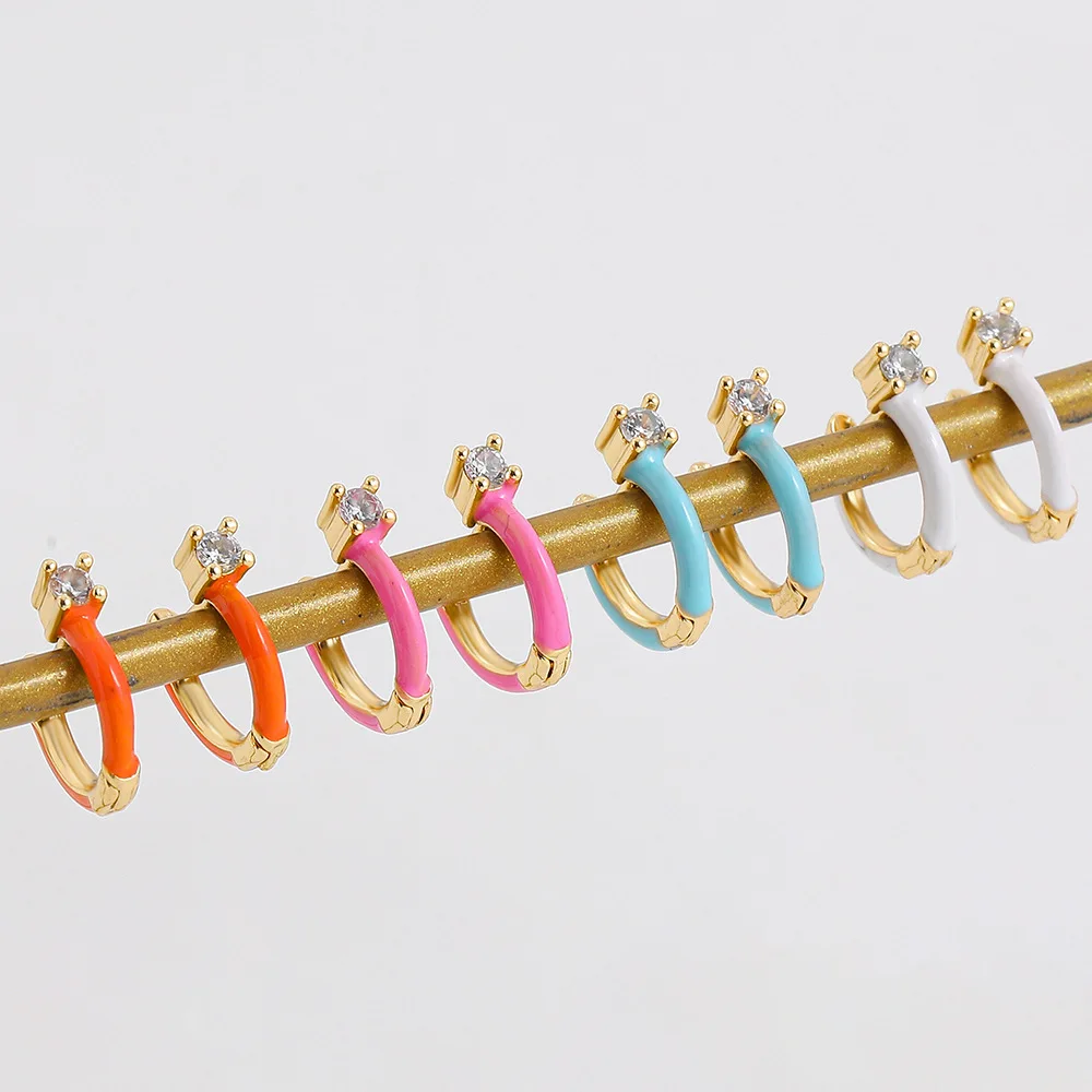 

Hot Sale Simple 18k Gold Plated CZ Enamel Circle Hoop Earrings Rectangle Crystal Oil Drop Huggie Earrings For Women