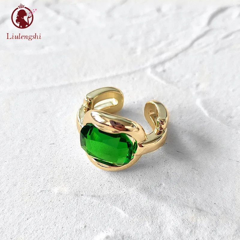 

Statement Punk Gold Color Link Chain Single Green CZ Stone Rings Women Thick Wide Version Glossy Bamboo Joint Rings