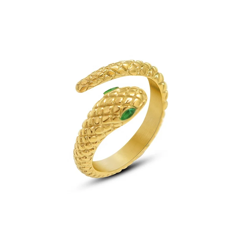 

Fashion Jewelry Adjustable Silver Color Green Eye Snake Head Shape Ring 18K Gold Plate Stainless Steel Gold Snake Ring for Women