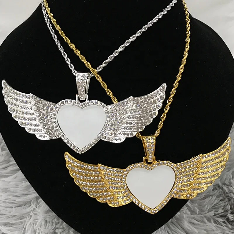 

Valentine's Day Gifts Photo Jewelry New Fashionable High Quality Sublimation Heart Angle Wings Necklace, Silver /gold