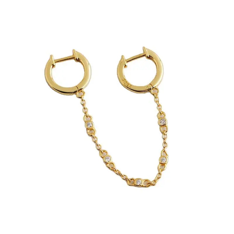 

S925 Sterling Silver Dangle Chain Huggie Hoop Earrings Double Hoop Huggie Rhinestone Crystal Chain Drop Dangle Earrings