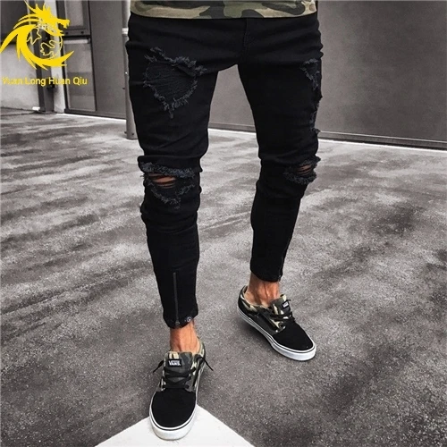 

Men's Vintage Ripped Jeans Skinny Slim Fit Zipper Denim Pant Destroyed Frayed Trousers Gothic Style Pants Thin