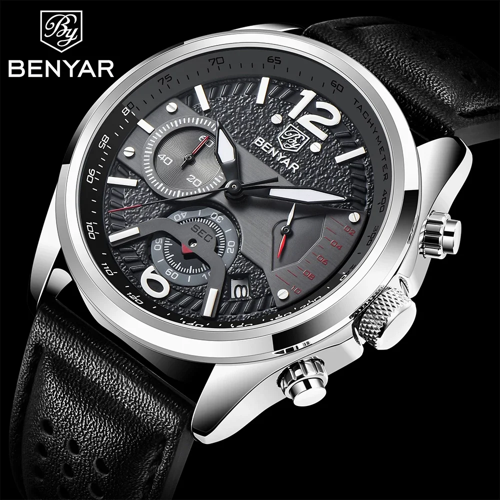 

2021 BENYAR Design BY-5171 Men Waterproof Leather Wristwatch Top Brand Luxury Men Sport Chronograph Quartz Watches Reloj Hombre, Shown