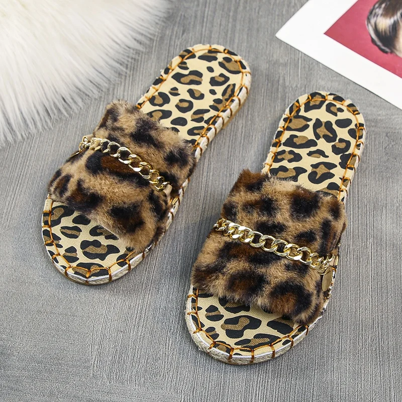 

Fashion Fall 2021 Women Shoes Leopard Slipper Luxury Fluffy Slippers With Buckle, Brown, black