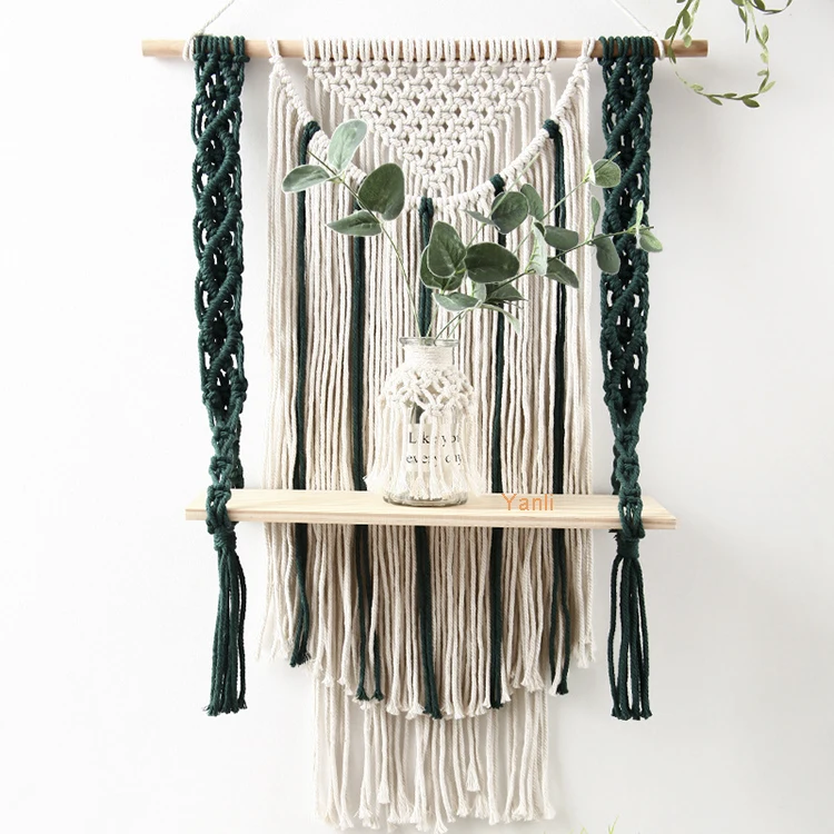 

Bohemian macrame plant pot holder macrame shelf boho home decor macrame wooden floating shelf, White