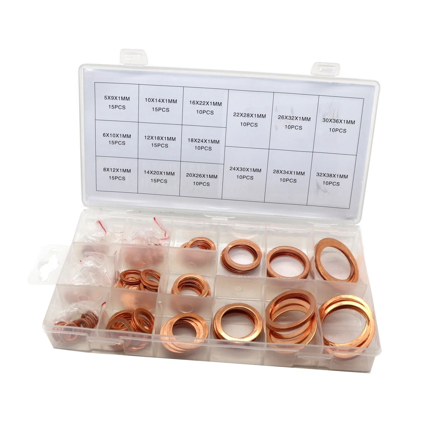 110pcs 6 Sizes Assorted Solid Copper Crush Washers Seal Flat Ring Set with Case 