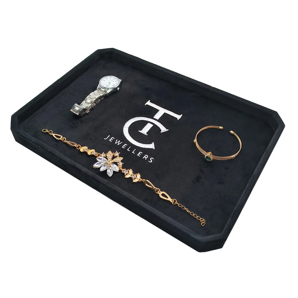 Octagon Presentation Embroidery LOGO Counter Display Watch Black Plush Velvet Custom Jewellery Tray