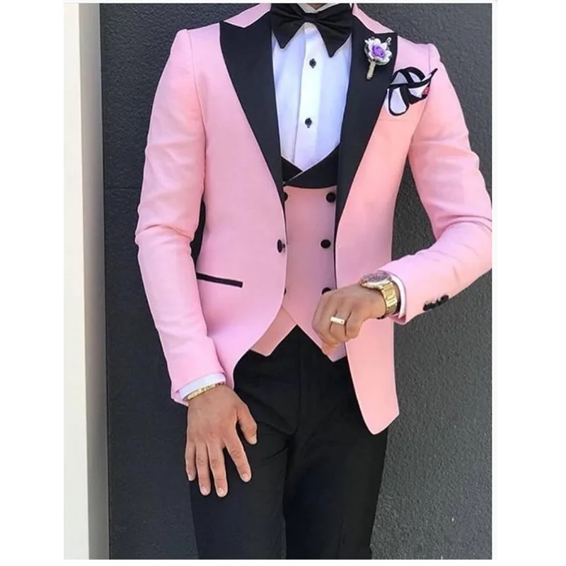 

Pink Wedding Double Breasted Vest Groom Party Custom Made Men Suits 3 Pieces