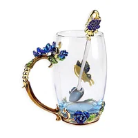 

Best selling enamel flower household crystal glass flower tea cup with handle