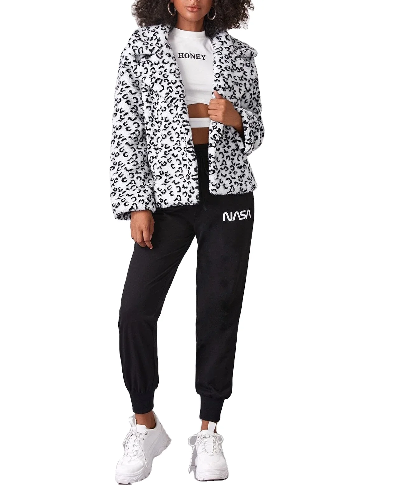 

Fahion Winter Allover Print Lapel Neck Teddy Coat For Ladies, Shown