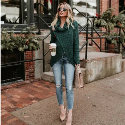 

Women's Casual Turtle Cowl Neck Asymmetric Hem Wrap Pullover Long Sleeve Chunky Button Knit Sweater