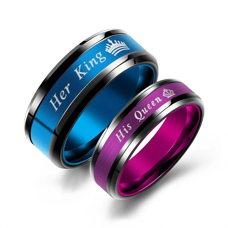 

Hot Sale Her King His Queen Couple Rings Stainless Steel Crown Romantic Anniversary Wedding Band Ring (SK1286), As picture