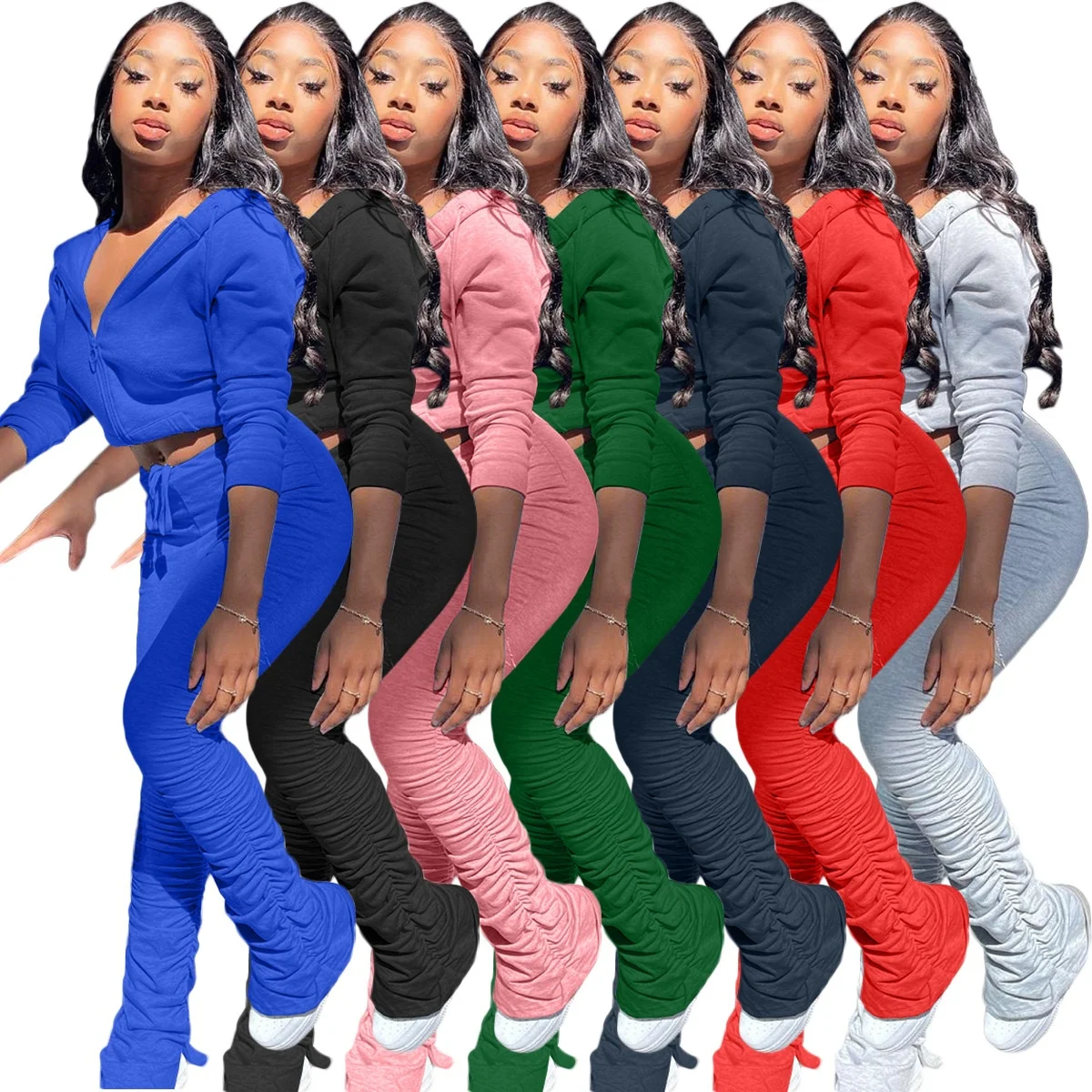 

MT74-8137 Solid color sweatshirt pleated pocket hoodie sports suit