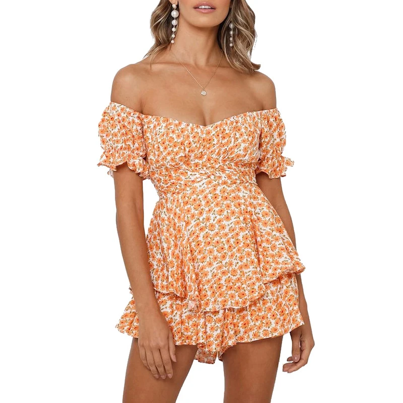 

2021 Summer Leisure Vacation Floral Jumpsuit Digital Print Sexy Jumpsuit Tube Top Ruffled Women Beach Clothing