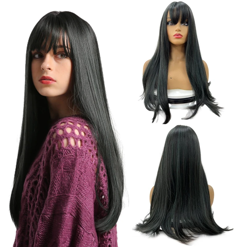 

BVR Cheap Long Bone Silky Straight Synthetic Wigs With Bangs Black Heat Resistant Synthetic Hair Wig