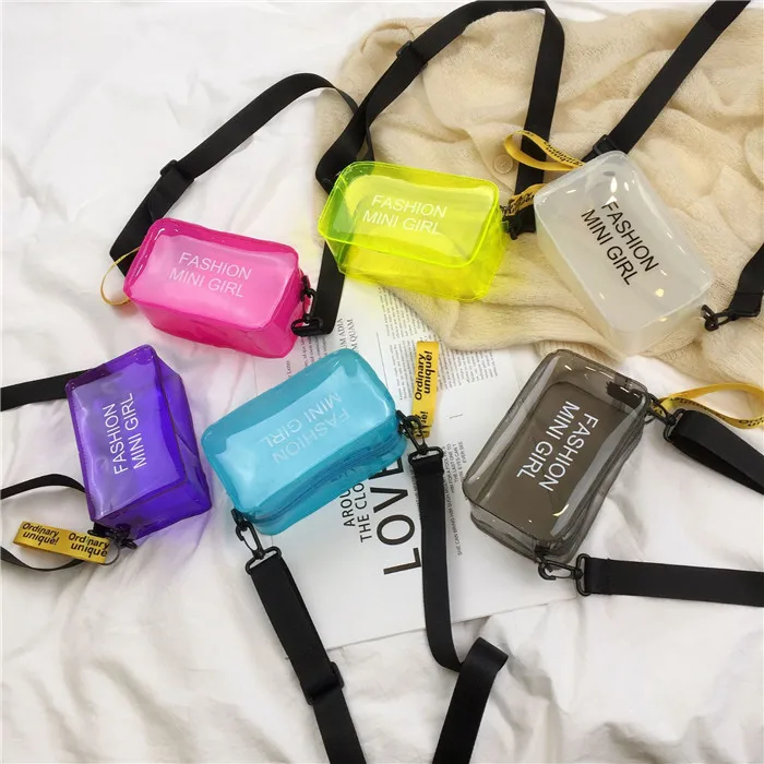 

Fashion Letter Printed Mini Shoulder Messenger Bag Transparent PVC Handbags ladies Clear Jelly Purse, Black, rice white, green, yellow pink and purple