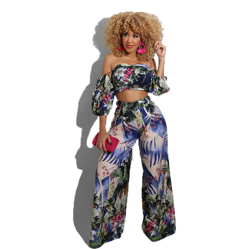 

10225-MX88 floral printed crop top wide leg two piece pants set women sehe fashion