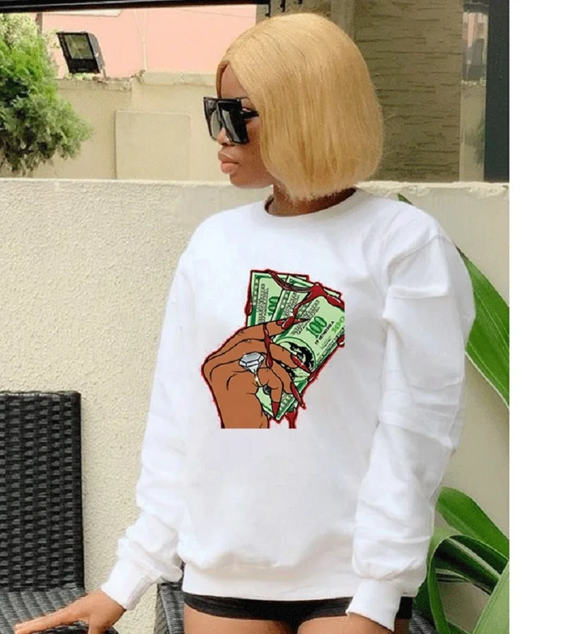 

2020 hot style European and American dollar printed long-sleeved sweater T-shirt, Solid color