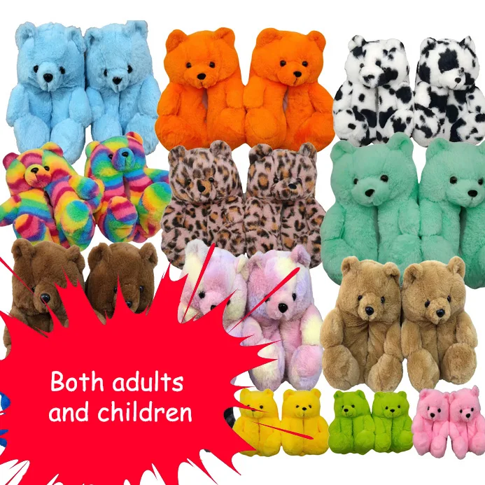 

custom design fur teddy bear slippers furry bear slippers teddy animal shaped plush for women