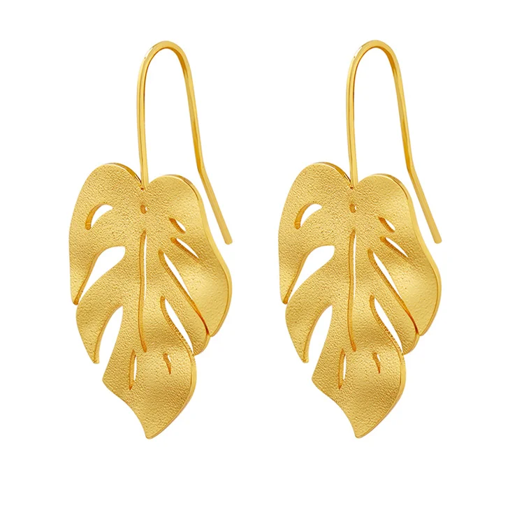 

Factory Direct Sell Original Design Personality Luxury 18K Gold Plated copper Frosted Leaves Shape Earrings