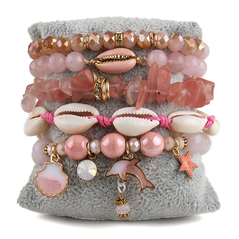 

Beautiful Cute Multicolor Boho Jewelry Natural Stone Crystal Glass Elastic Shell Bracelet Dolphin Drop Charm Stack Bracelet Set