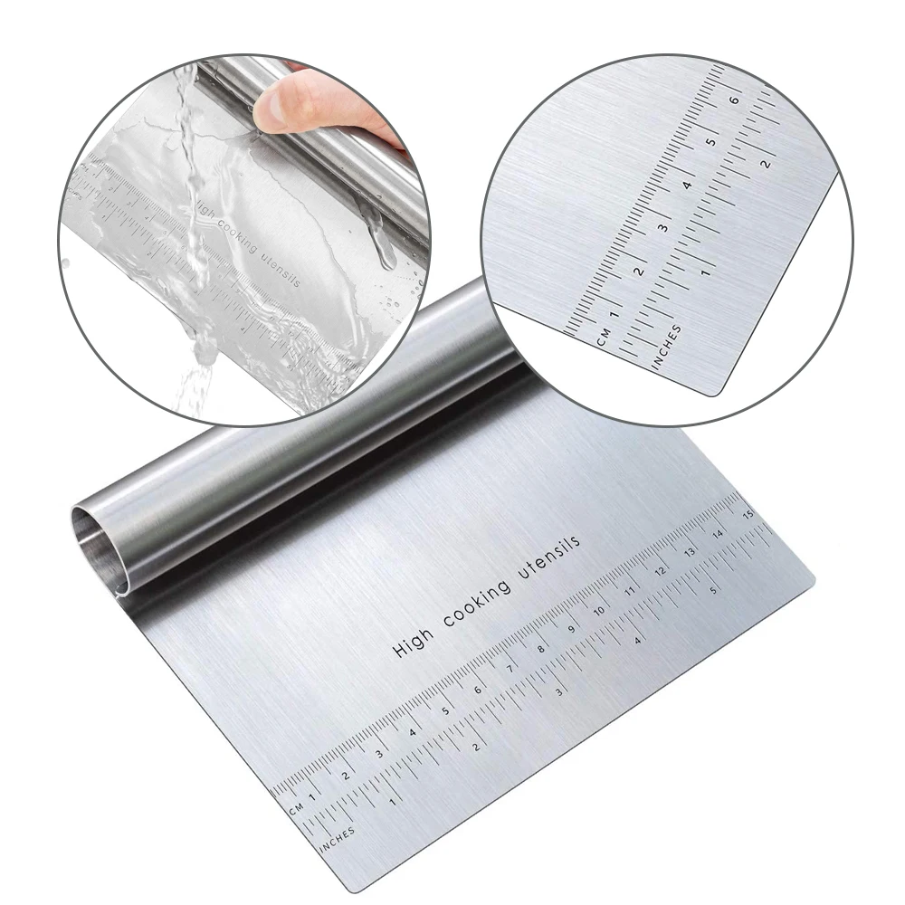 

Large Size 2 in 1 0.56 mm Thick Blade Stainless Steel Dough Scraper Cutter, Silver