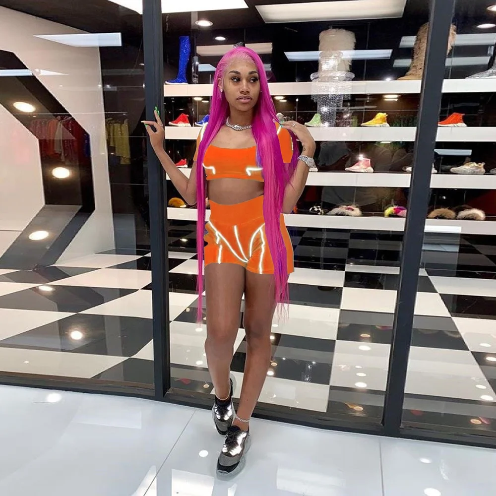 Hot Selling Two Piece Set Reflective Striped Neon Pink Biker Shorts Matching Sets Sexy Club Outfits Women Fall Pants